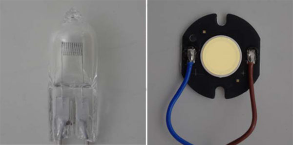 그림 1: 할로겐전구(왼쪽) 및 트루컬러 LED(오른쪽)의 예