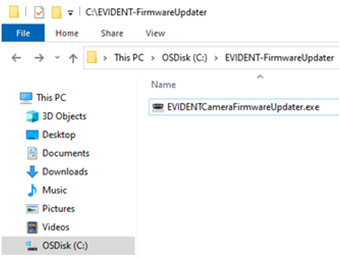 Open the local HDD/SDD folder, which contains the downloaded EVIDENT Camera Firmware Updater in Windows Explorer 