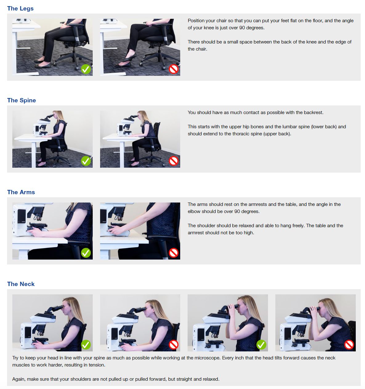 Educational poster defining the ergonomically ideal posture positions for routine microscopy to prevent work-related strain and injury