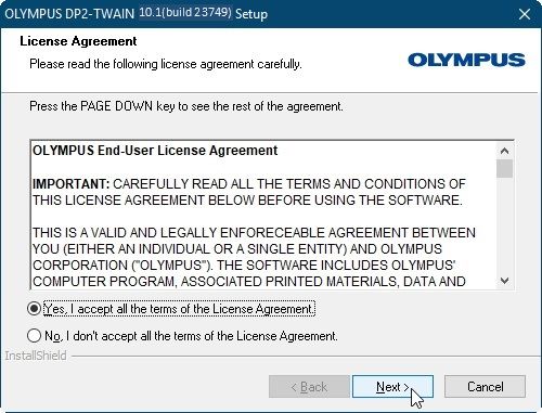 License Agreement will appear. Read the OLYMPUS END-USER LICENSE AGREEMENT. 